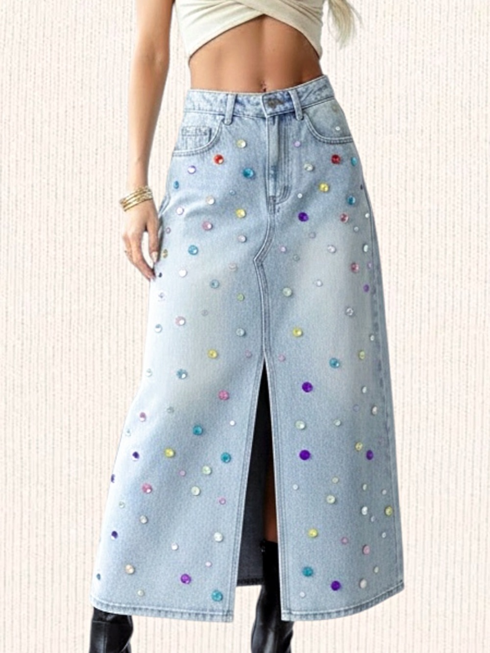 NWT Reworked Jeweled Zara Denim Midi Skirt | Light Wash Front Slit